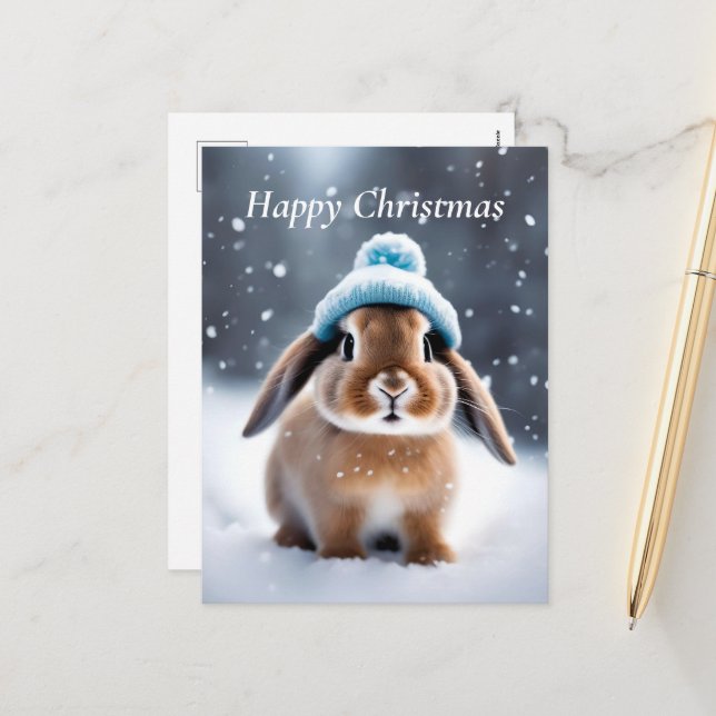 Cute Bunny in a Bobble Hat OWN ART Christmas Holiday Postcard (Front/Back In Situ)
