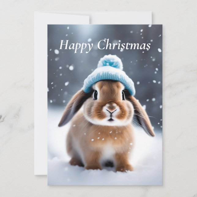 Cute Bunny in a Bobble Hat OWN ART Christmas Invitation (Front)