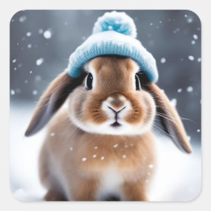 Cute Bunny in a Bobble Hat OWN ART Christmas Square Sticker