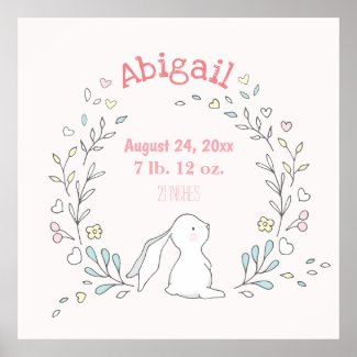 Cute bunny in a wreath - Birth Stats Nursery Art Poster