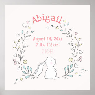 Cute Bunny in a Wreath - Birth Stats Nursery Art Poster