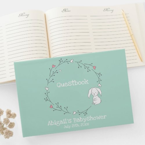 Cute Bunny in a Wreath Mint Green Babyshower Guest Book