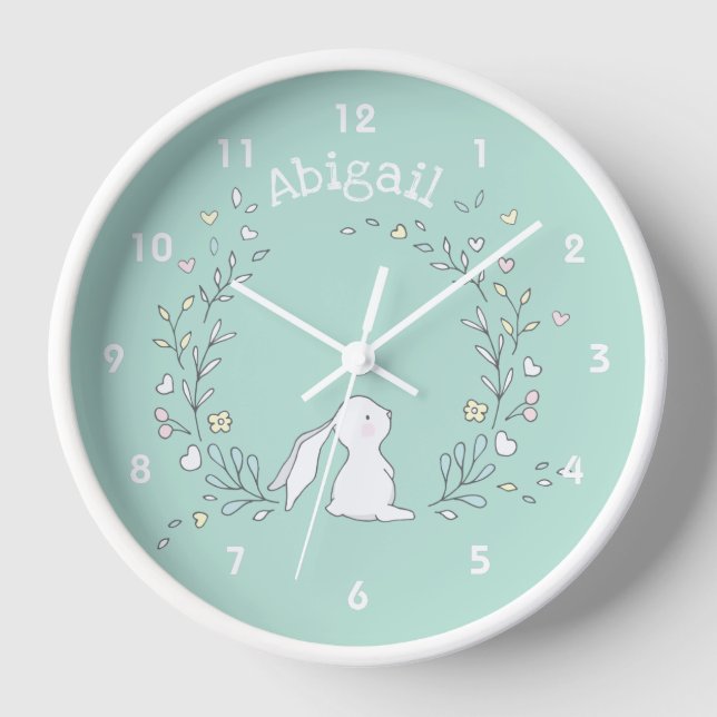 Cute Bunny in a Wreath, Mint Green Nursery / Kids' Clock (Front)