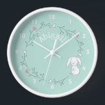 Cute Bunny in a Wreath, Mint Green Nursery / Kids' Clock<br><div class="desc">NewParkLane - Sweet, personalized nursery or kids' clock, featuring a cute baby bunny in a wreath with little hearts, against a mint green background. The background color can easily be changed. All text templates are easy to customize for a personalized design, and all text styles, colors, and sizes can be...</div>