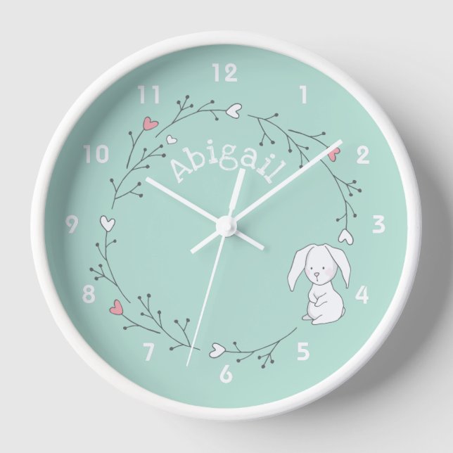 Cute Bunny in a Wreath, Mint Green Nursery / Kids' Clock (Front)