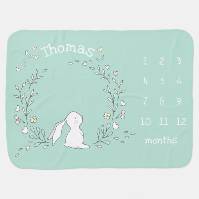 Cute Bunny in a Wreath - Mint Monthly Milestone Baby Blanket (Horizontal)