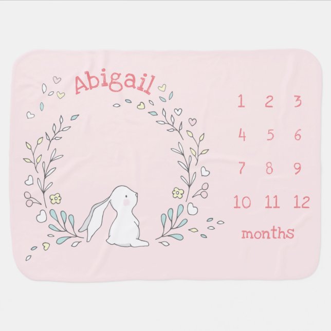 Cute Bunny in a Wreath - Monthly Milestone  Baby Blanket (Horizontal)