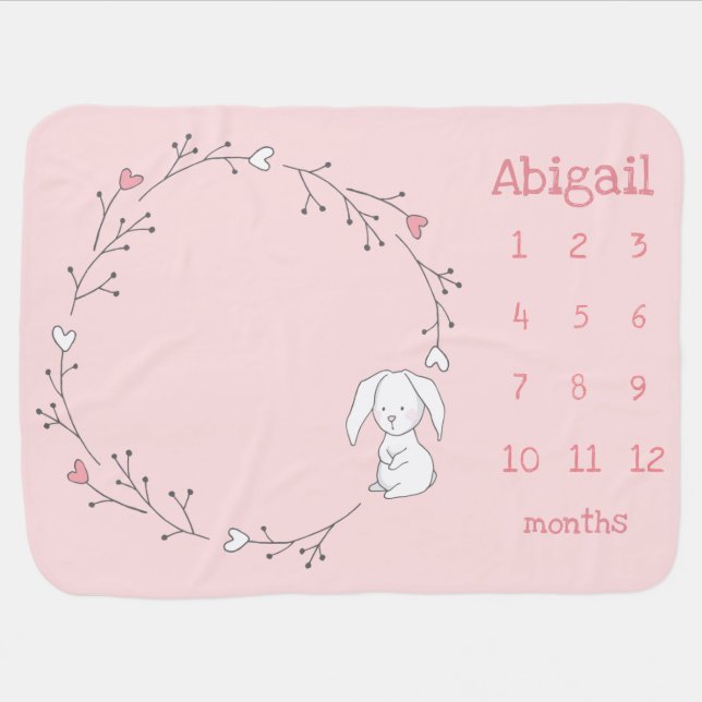 Cute Bunny in a Wreath - Monthly Milestone Baby Blanket (Horizontal)