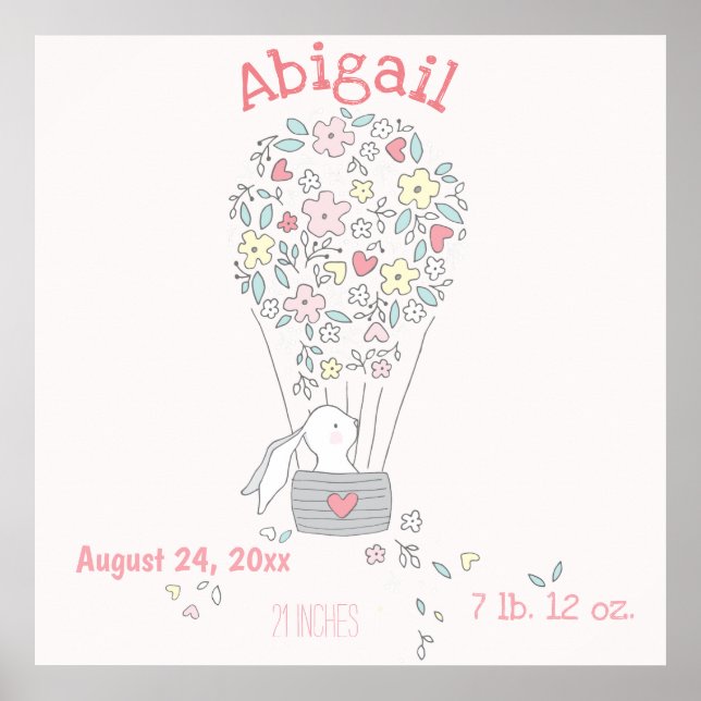 Cute Bunny in Air Balloon  Birth Stats Nursery Art Poster (Front)