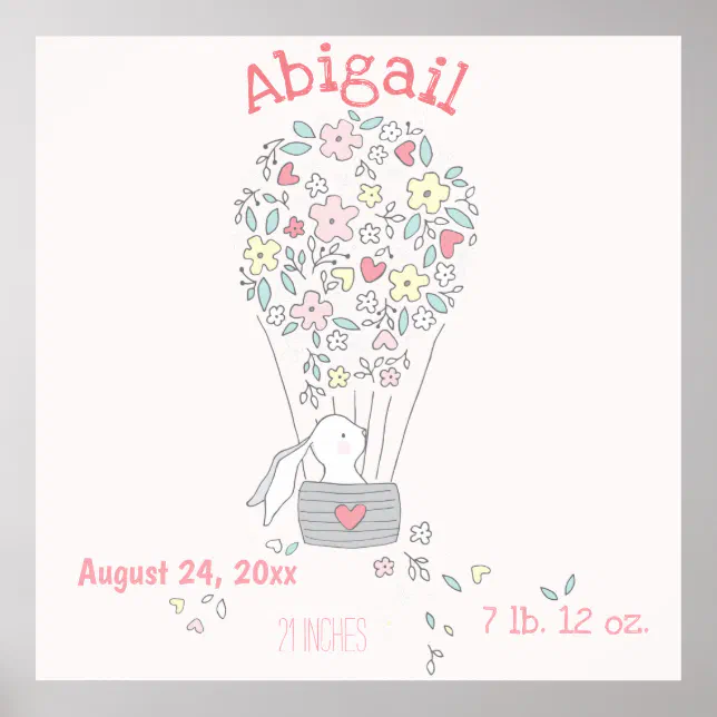 Cute Bunny in Air Balloon Birth Stats Nursery Art Poster | Zazzle