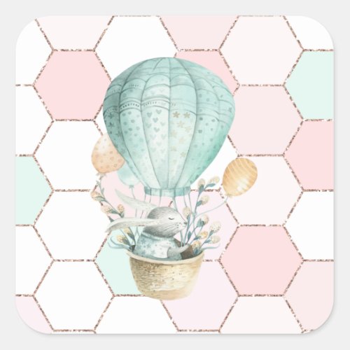 Cute Bunny In Air Balloon  Hexagon Pattern Square Sticker