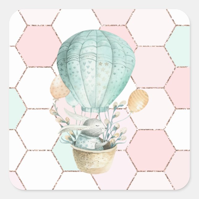 Cute Bunny In Air Balloon | Hexagon Pattern Square Sticker (Front)
