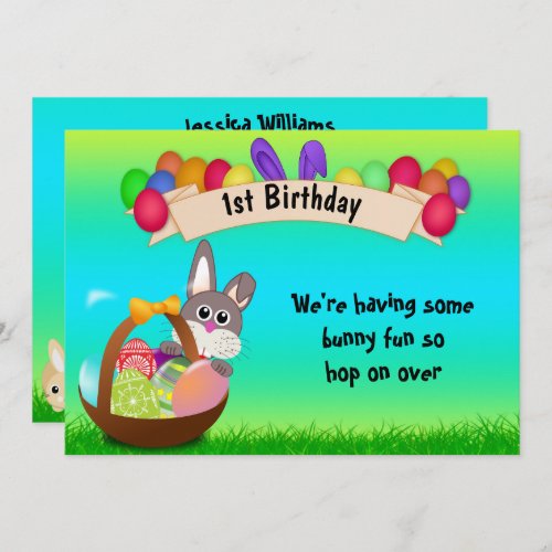 Cute Bunny In Basket Easter 1st Birthday Invitation