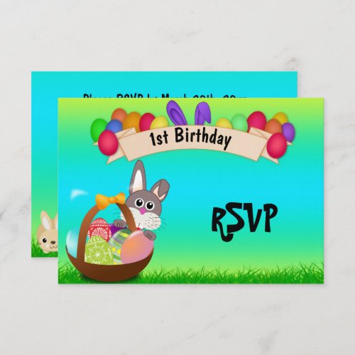 Cute Bunny In Basket Easter 1st Birthday RSVP Invitation