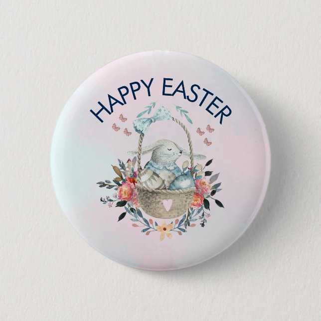Cute Bunny in Basket & Pretty Florals Happy Easter Button (Front)