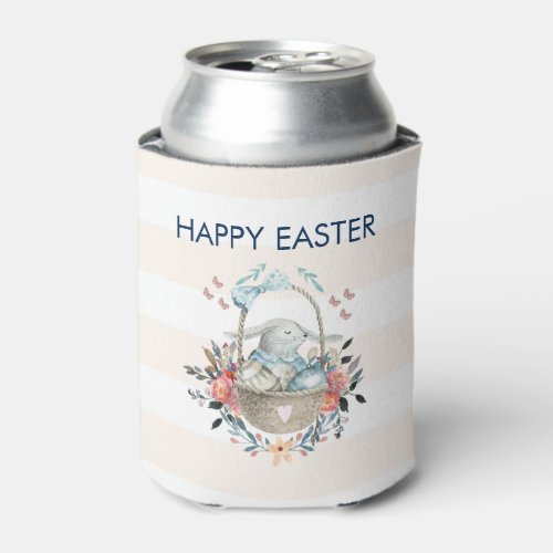 Cute Bunny in Basket  Pretty Florals Happy Easter Can Cooler