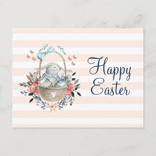 Cute Bunny in Basket  Pretty Florals Happy Easter Holiday Postcard