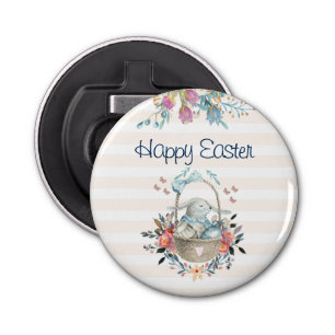 Cute Bunny in Basket & Tulip Florals Happy Easter Bottle Opener