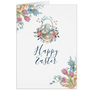 Cute Bunny in Basket & Tulip Florals Happy Easter Cards