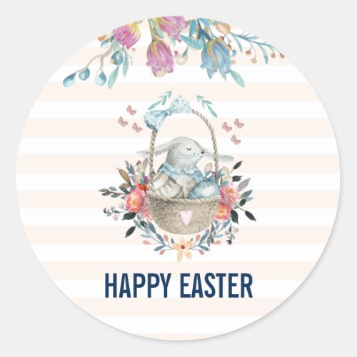 Cute Bunny in Basket  Tulip Florals Happy Easter Classic Round Sticker