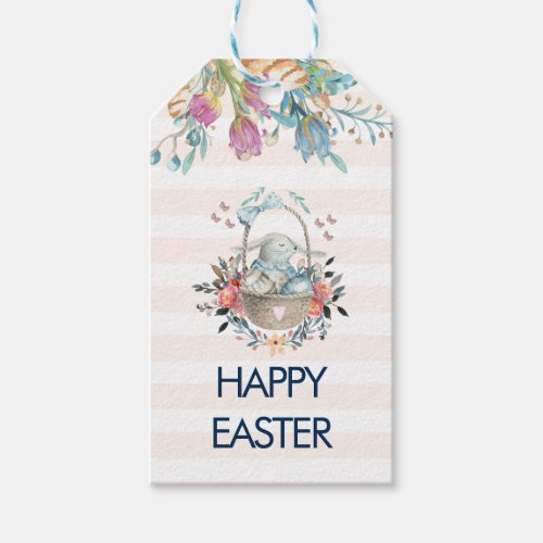 Cute Bunny in Basket  Tulip Florals Happy Easter Gift Tags