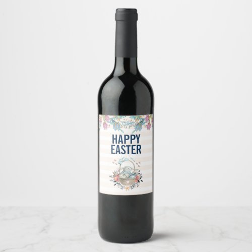 Cute Bunny in Basket  Tulip Florals Happy Easter Wine Label
