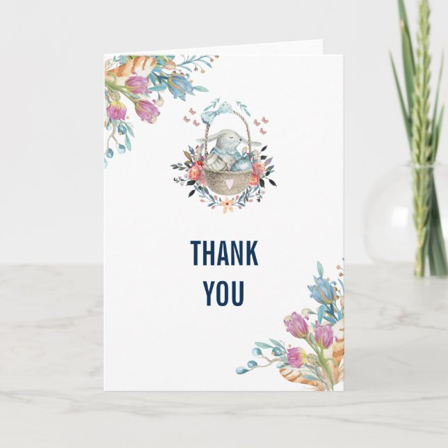Cute Bunny in Basket & Tulip Florals Party Thanks Thank You Card (Front)