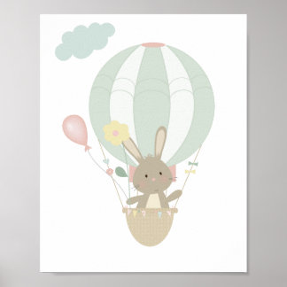 Cute Bunny In Blue Hot Air Balloon Nursery Poster 