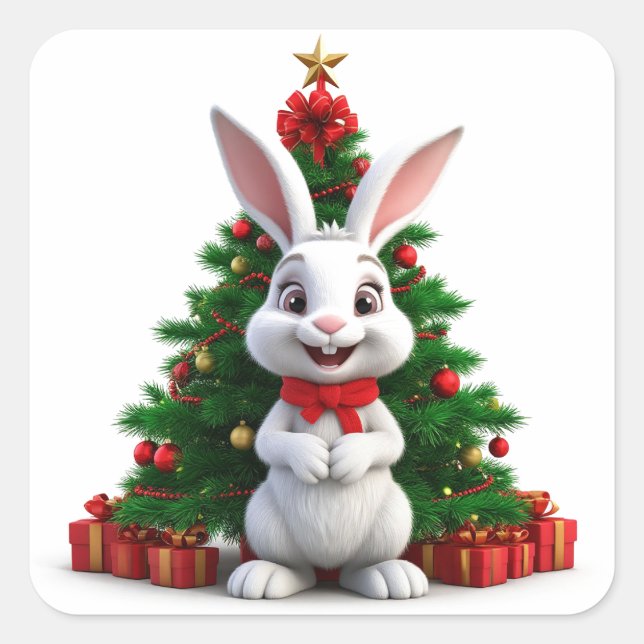 Cute Bunny in Christmas Hat by Decorated Tree Square Sticker (Front)