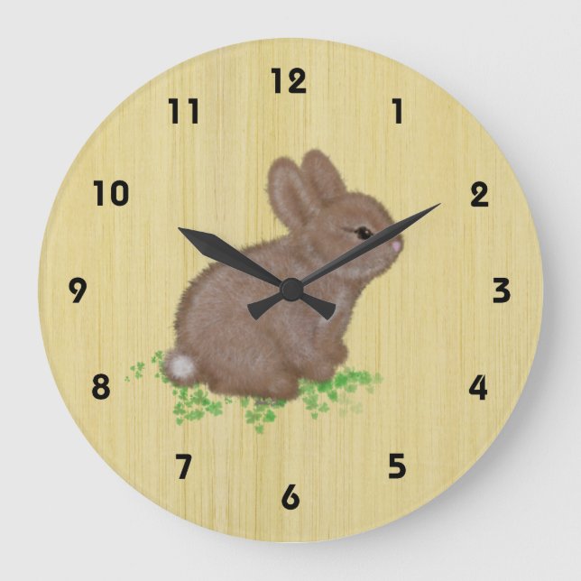 Cute Bunny in Clover with Wood Background Large Clock (Front)