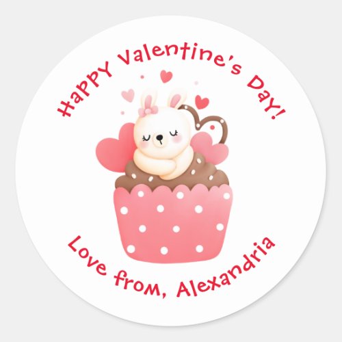 Cute Bunny in Cupcake Custom Kids Valentines Day Classic Round Sticker