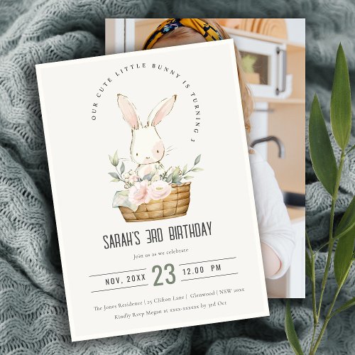 Cute Bunny In Floral Basket Kids Photo Birthday Invitation