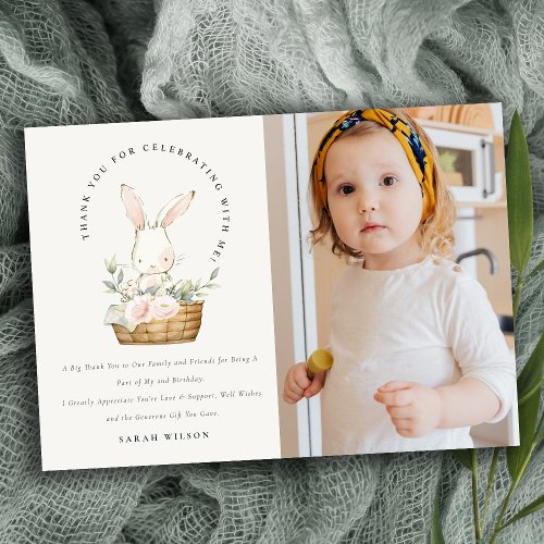 Cute Bunny In Floral Basket Kids Photo Birthday Thank You Card