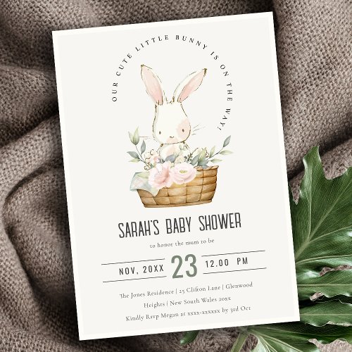 Cute Bunny In Floral Basket Neutral Baby Shower Invitation