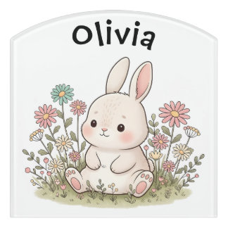 Cute Bunny in Floral Meadow Door Sign