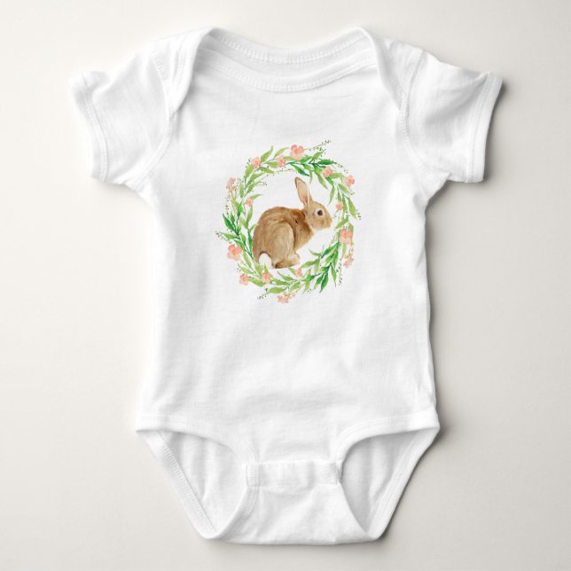 Cute Bunny in Floral Wreath Baby Bodysuit (Front)