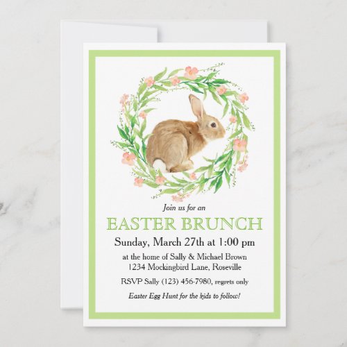 Cute Bunny in Floral Wreath Easter Brunch Invitation