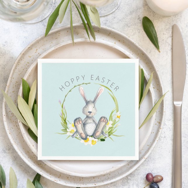 Cute Bunny in Floral Wreath Hoppy Easter Napkins (Creator Uploaded)