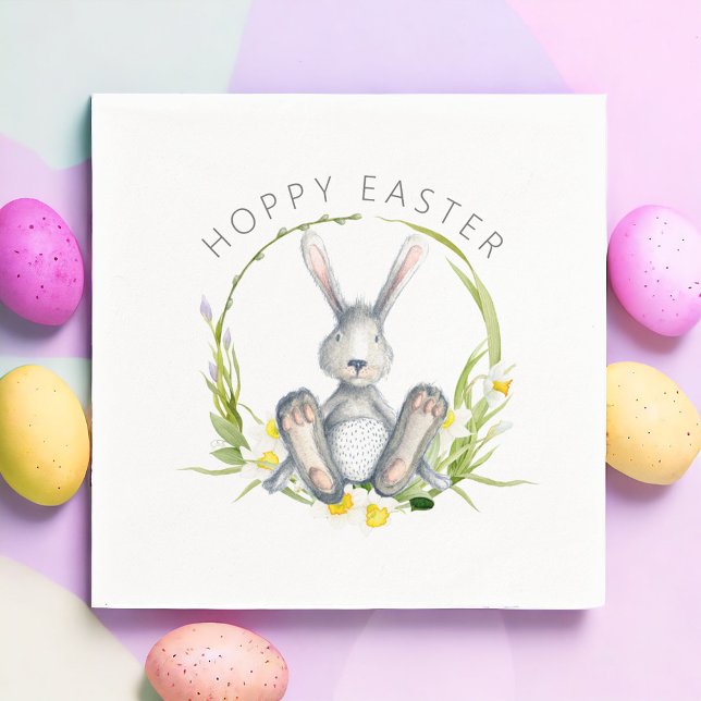 Cute Bunny in Floral Wreath Hoppy Easter Napkins (Creator Uploaded)