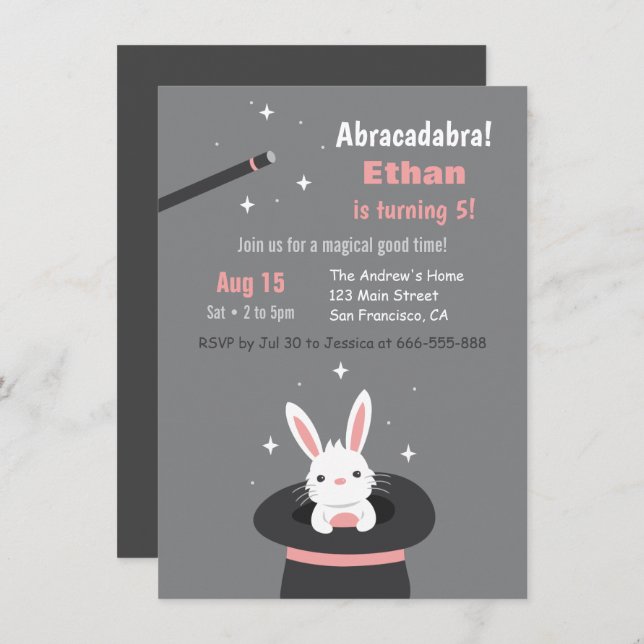 Cute Bunny in Hat Kids Magic Themed Birthday Party Invitation (Front/Back)