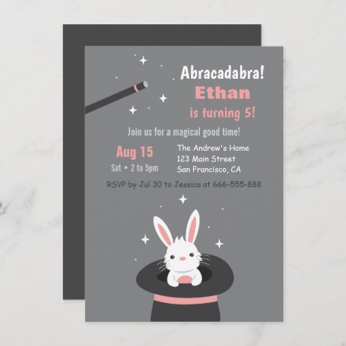 Cute Bunny in Hat Kids Magic Themed Birthday Party Invitation