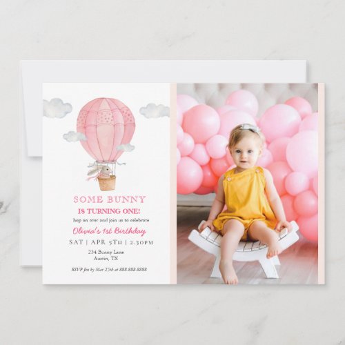 Cute Bunny in Hot air balloon 1st birthday Invitation