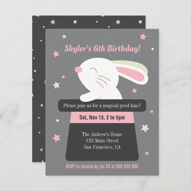 Cute Bunny in Magic Hat Stars Kids Birthday Party Invitation (Front/Back)