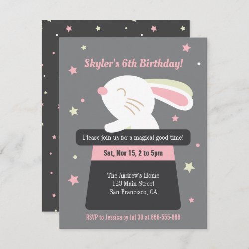 Cute Bunny in Magic Hat Stars Kids Birthday Party Invitation