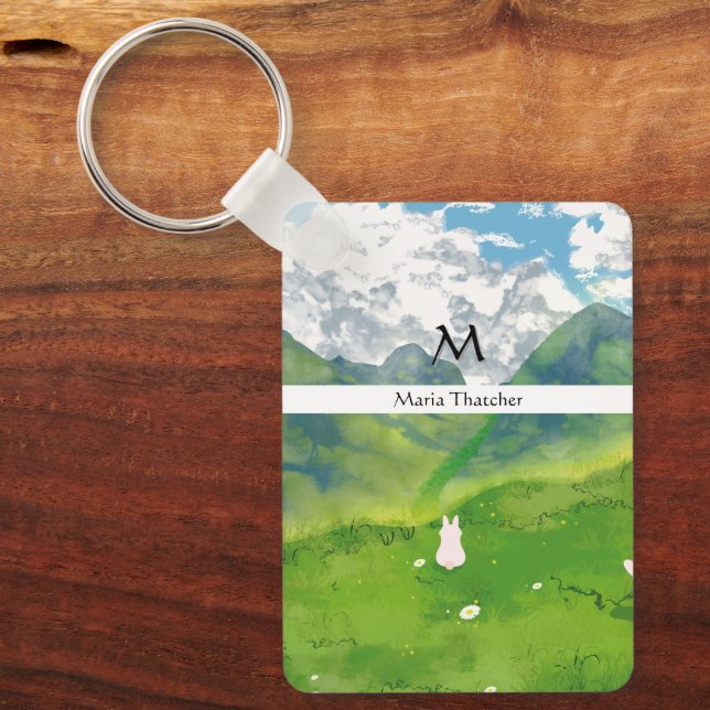 Cute Bunny in Mountain View Personalize Keychain (Front)