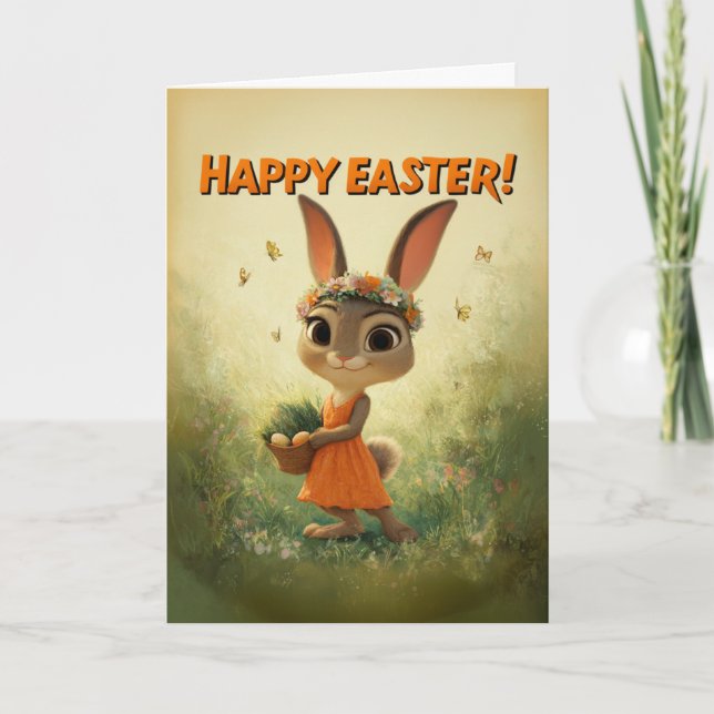 Cute Bunny in Orange Dress with Easter Basket Card (Front)