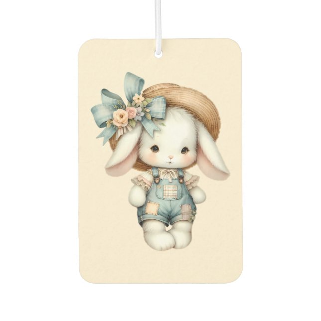 Cute Bunny in Overalls with Straw Hat & Bow Air Freshener (Front)