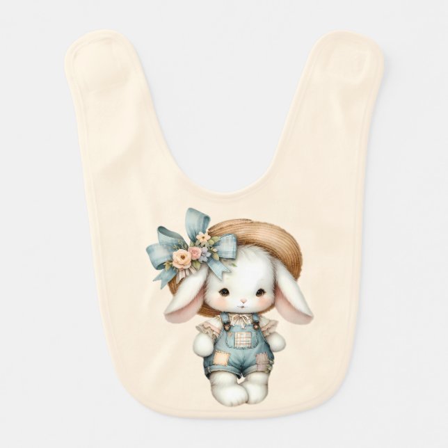 Cute Bunny in Overalls with Straw Hat & Bow Baby Bib (Front)