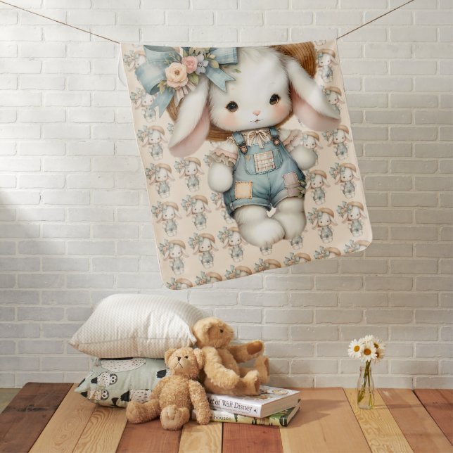 Cute Bunny in Overalls with Straw Hat & Bow Baby Blanket (In Situ)