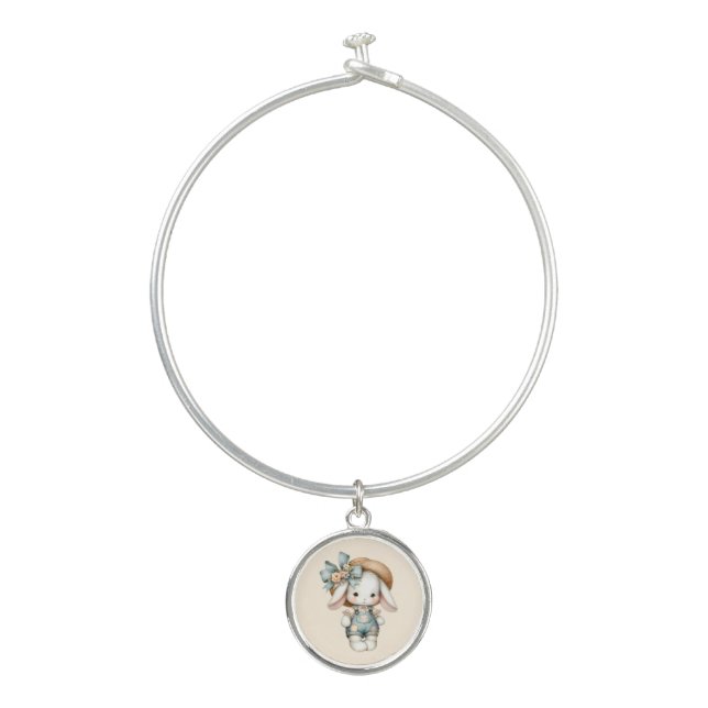 Cute Bunny in Overalls with Straw Hat & Bow Bangle Bracelet (Front)